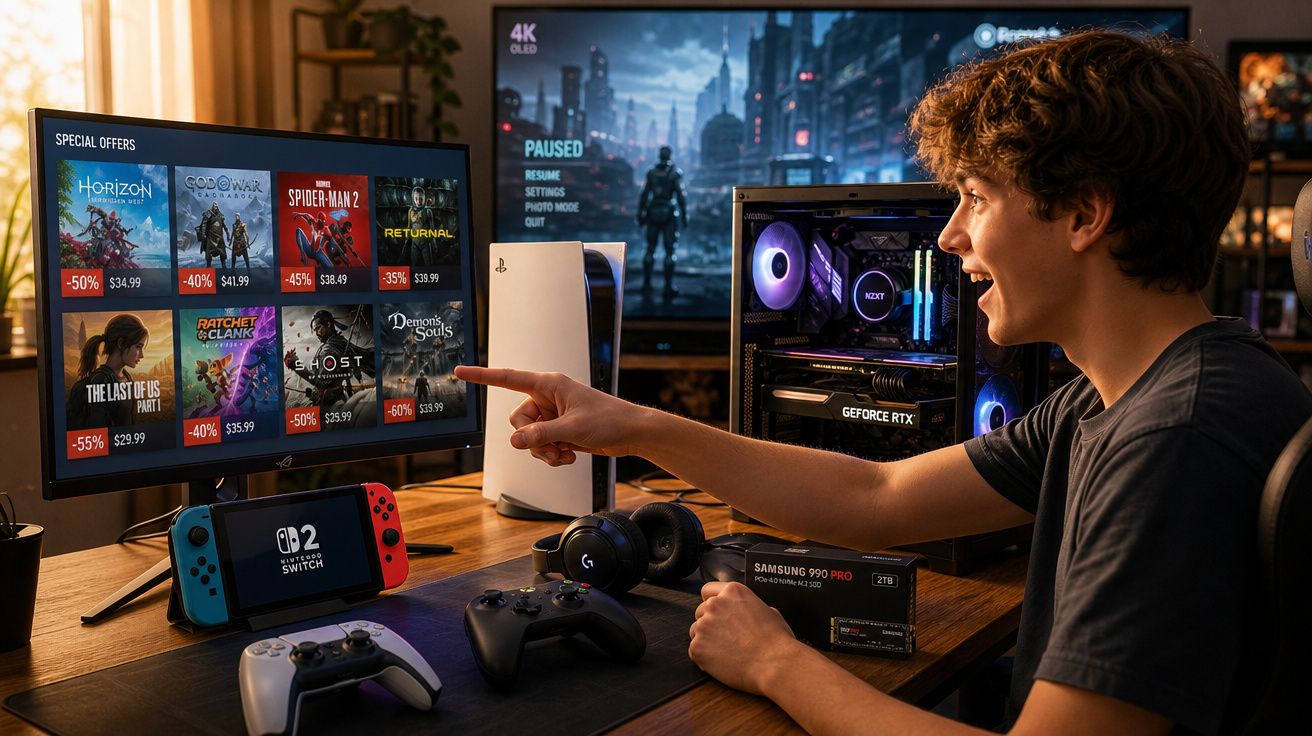 Jovem sentado a jogar videojogos, com vários ecrãs, comandos e PC gaming num ambiente moderno e iluminado.