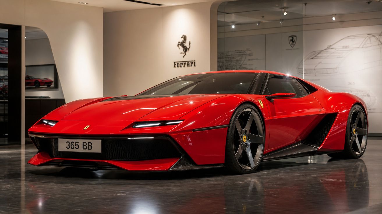 Carro desportivo vermelho Ferrari 365 BB exposto numa sala moderna com reflexos no chão.
