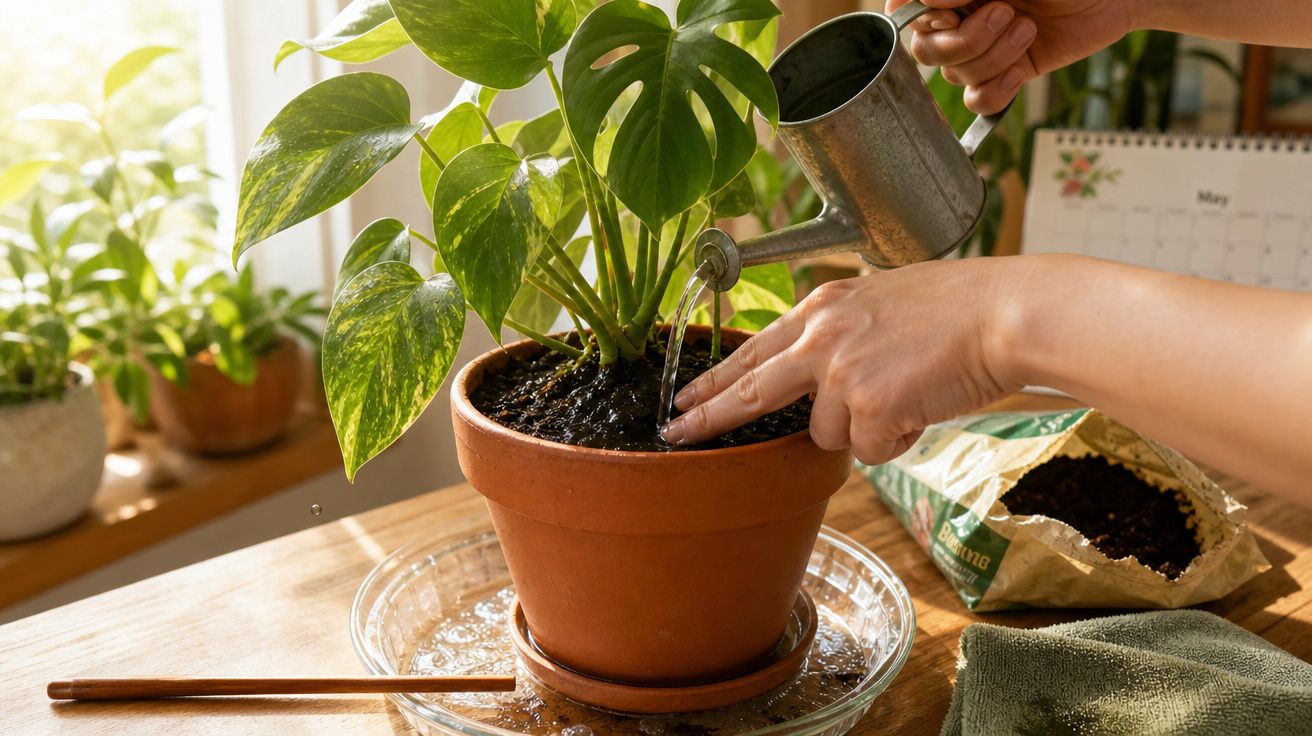 Mãos a regar planta verde num vaso de barro com regador metálico numa mesa iluminada pelo sol.