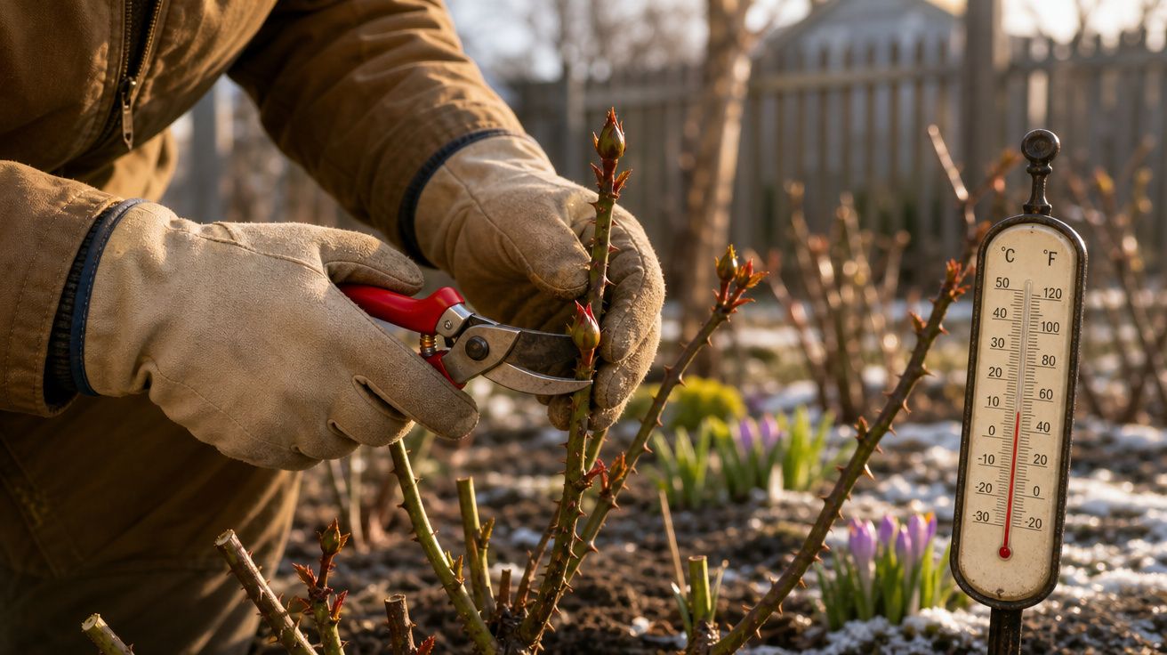 Pessoa com luvas de jardinagem a podar um ramo de rosa, com termómetro e flores ao fundo.