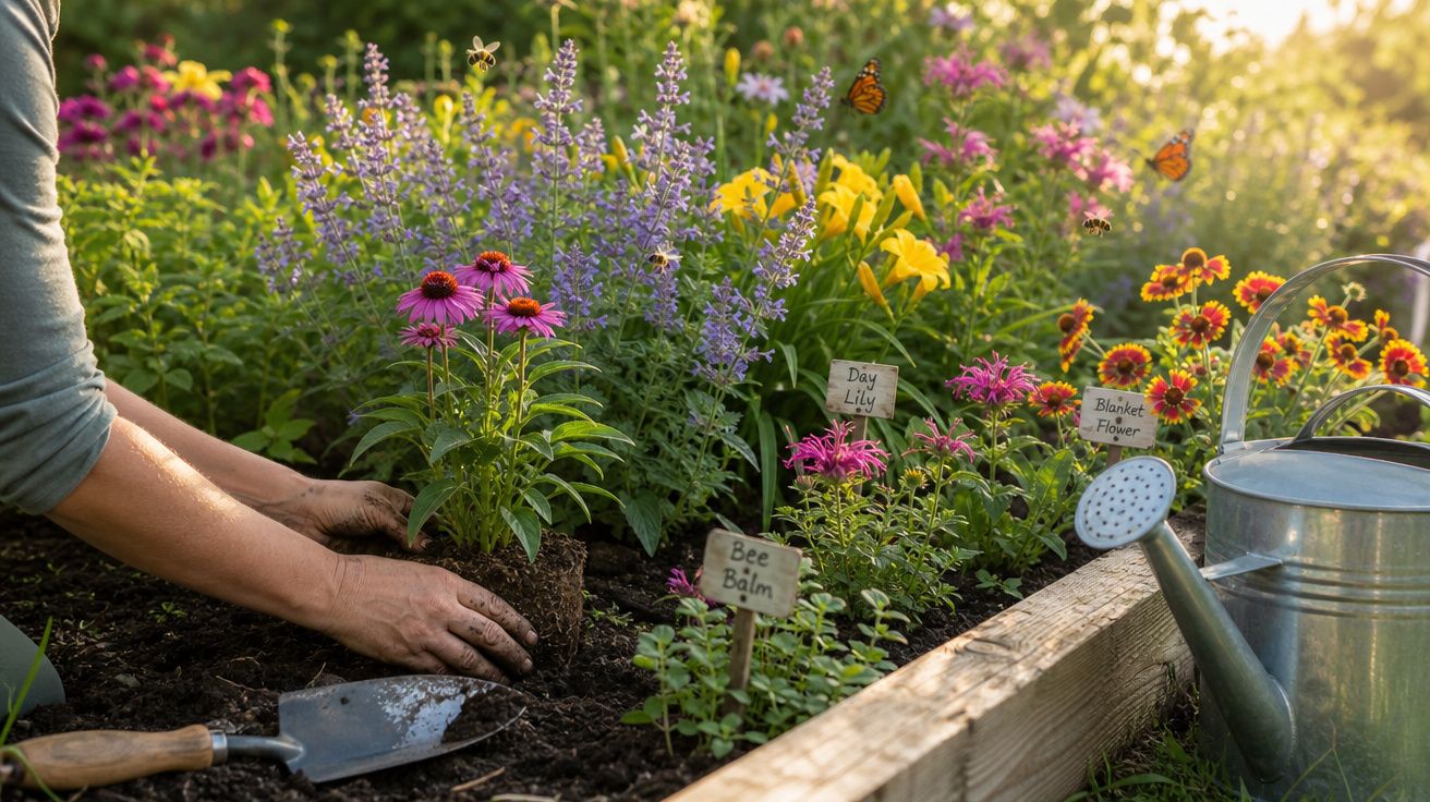 Pessoa a plantar flores em canteiro com regador e etiquetas de plantas visíveis num jardim ensolarado.
