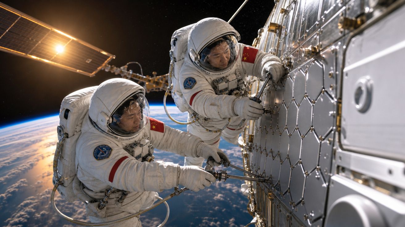 Dois astronautas chineses em trajes espaciais a realizar manutenção numa estação espacial com a Terra ao fundo.