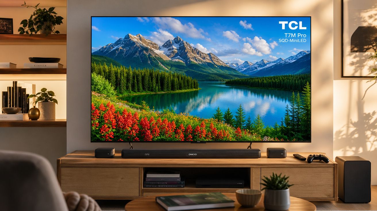 Televisor TCL T7M Pro com imagem de montanhas, lago e flores na sala de estar moderna.
