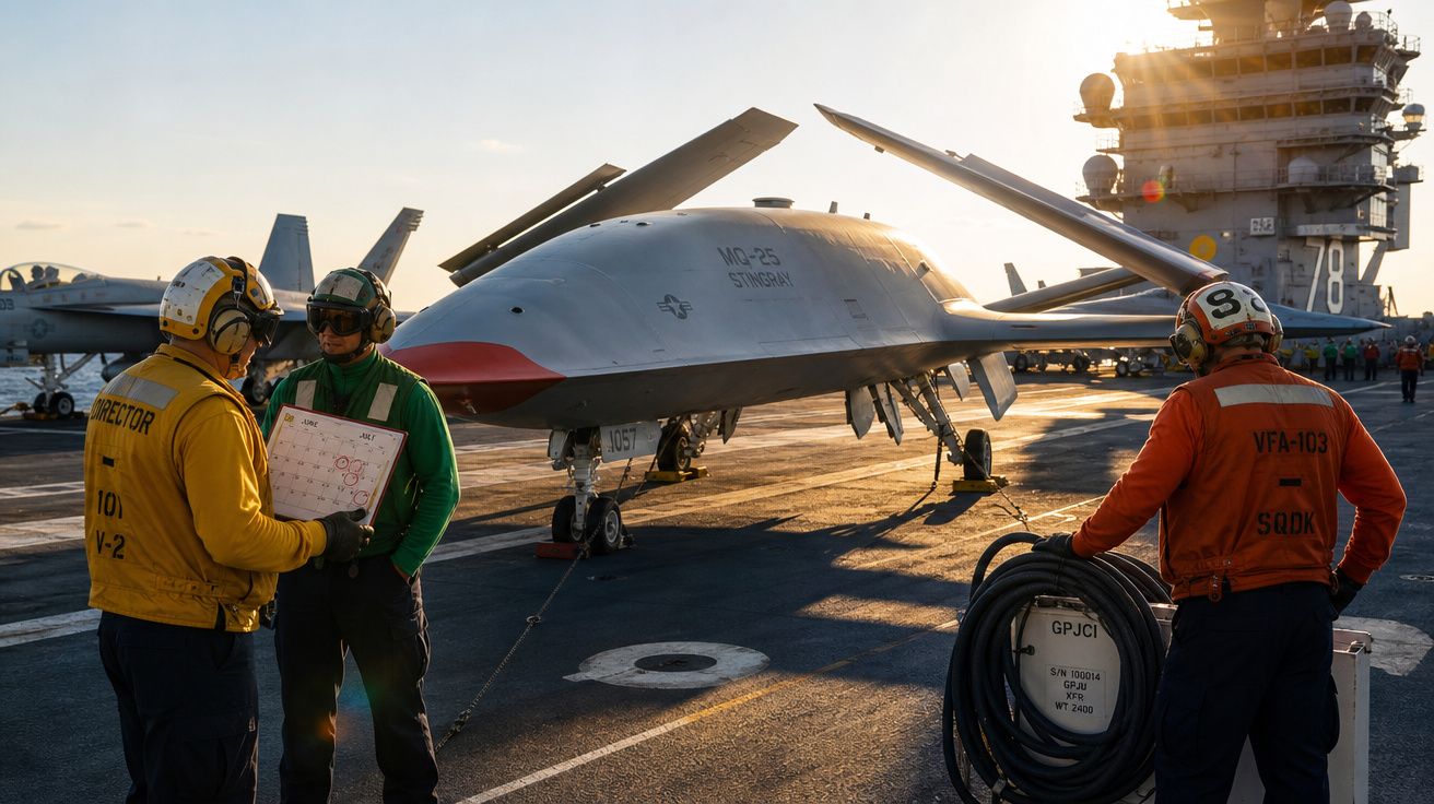Drones militares e tripulantes em convés de porta-aviões ao pôr do sol, com equipamentos e comunicação ativa.