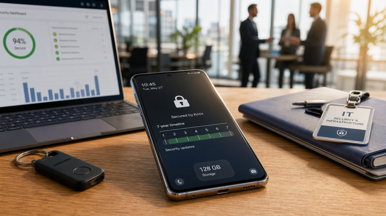 Telemóvel com segurança Knox, computador portátil com gráfico de segurança, chaveiro e crachá IT numa secretária.