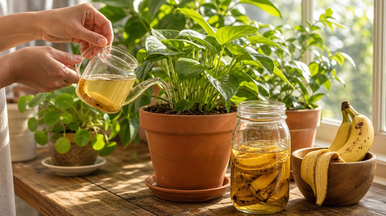 Mãos a verter chá de uma pequena jarra de vidro junto a plantas em vasos e bananas numa mesa de madeira iluminada.