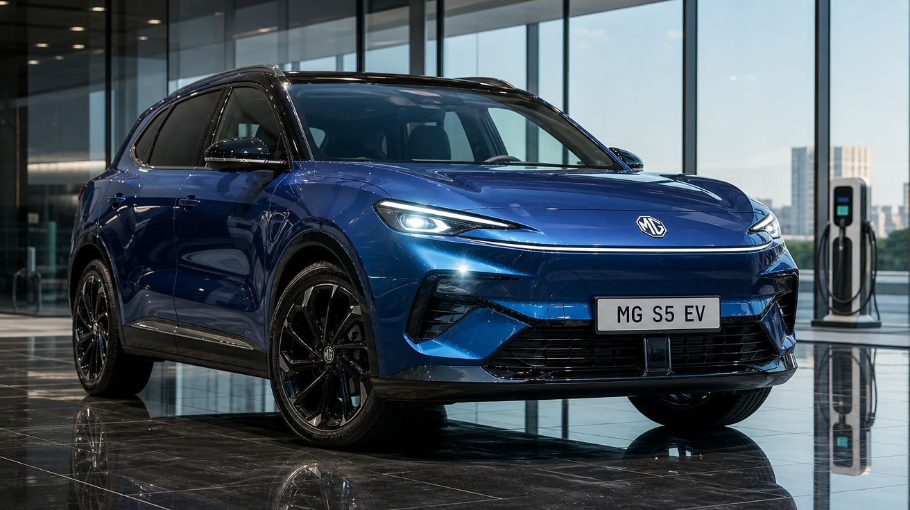 Carro elétrico azul MG S5 EV estacionado em piso refletor numa sala com grandes janelas e posto de carregamento.