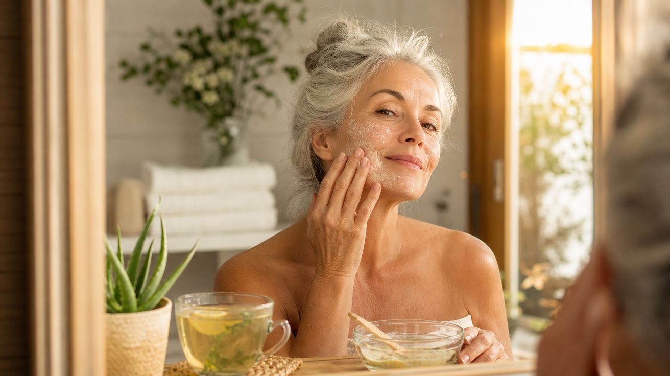 Mulher sénior a aplicar esfoliante facial em frente a espelho, com chá e planta ao lado numa mesa.