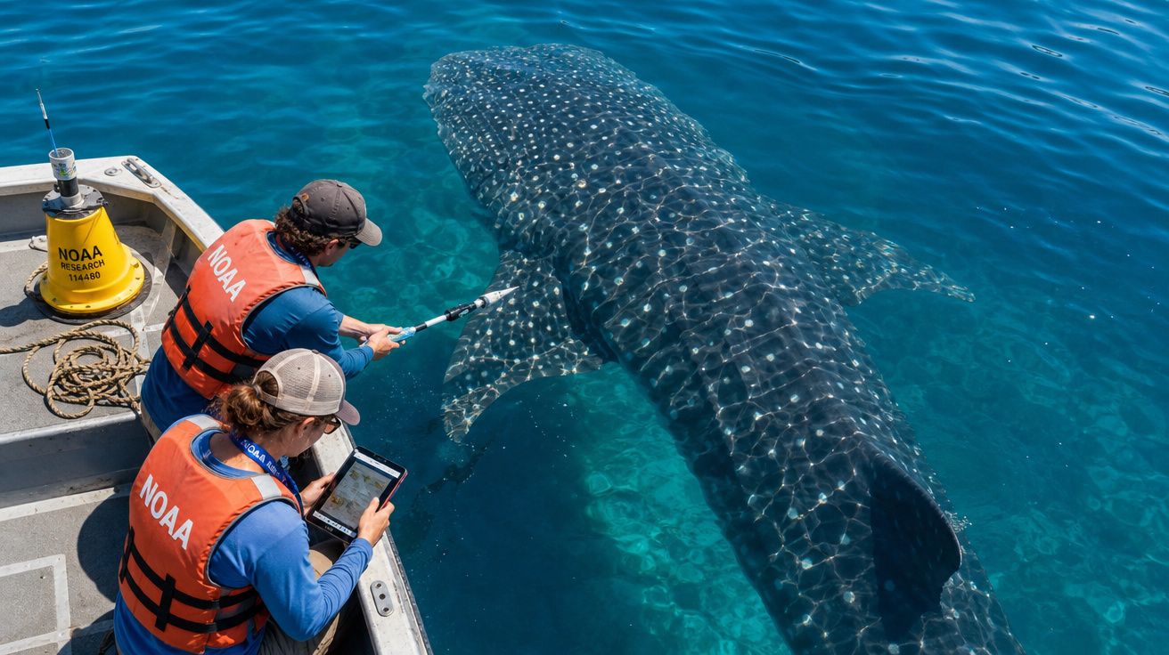 Dois investigadores a bordo de um barco a observar um tubarão-baleia gigante na água cristalina.