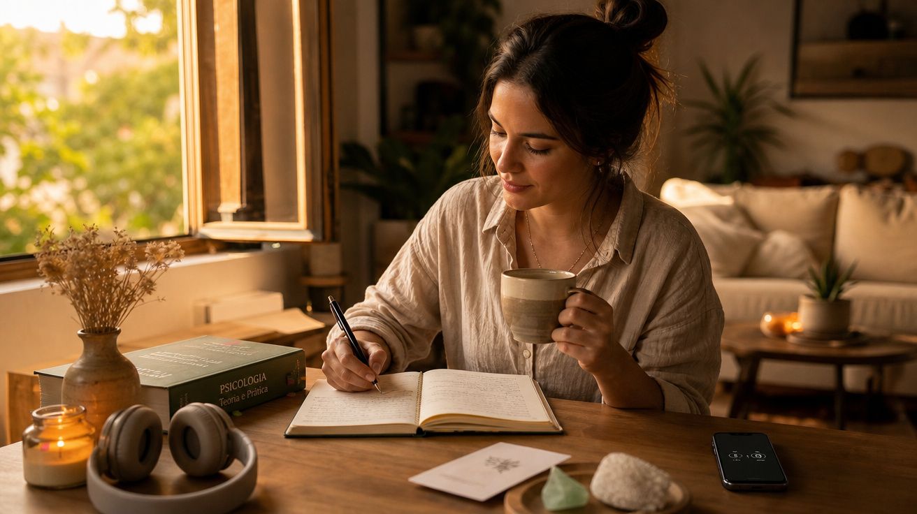 Mulher sentada à mesa, escrevendo num caderno e segurando uma caneca num ambiente acolhedor e iluminado.