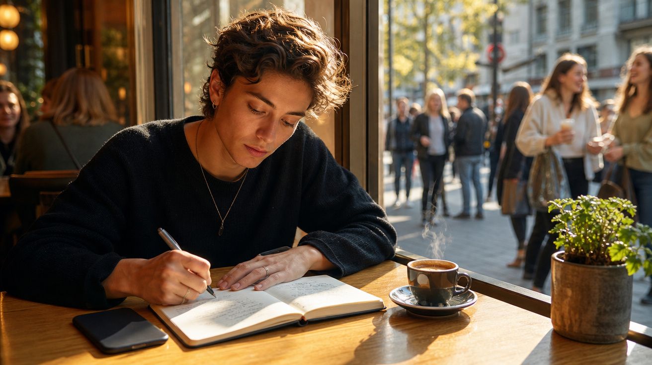 Pessoa a escrever num caderno junto a uma janela iluminada, com chá quente e plantas na mesa num café.