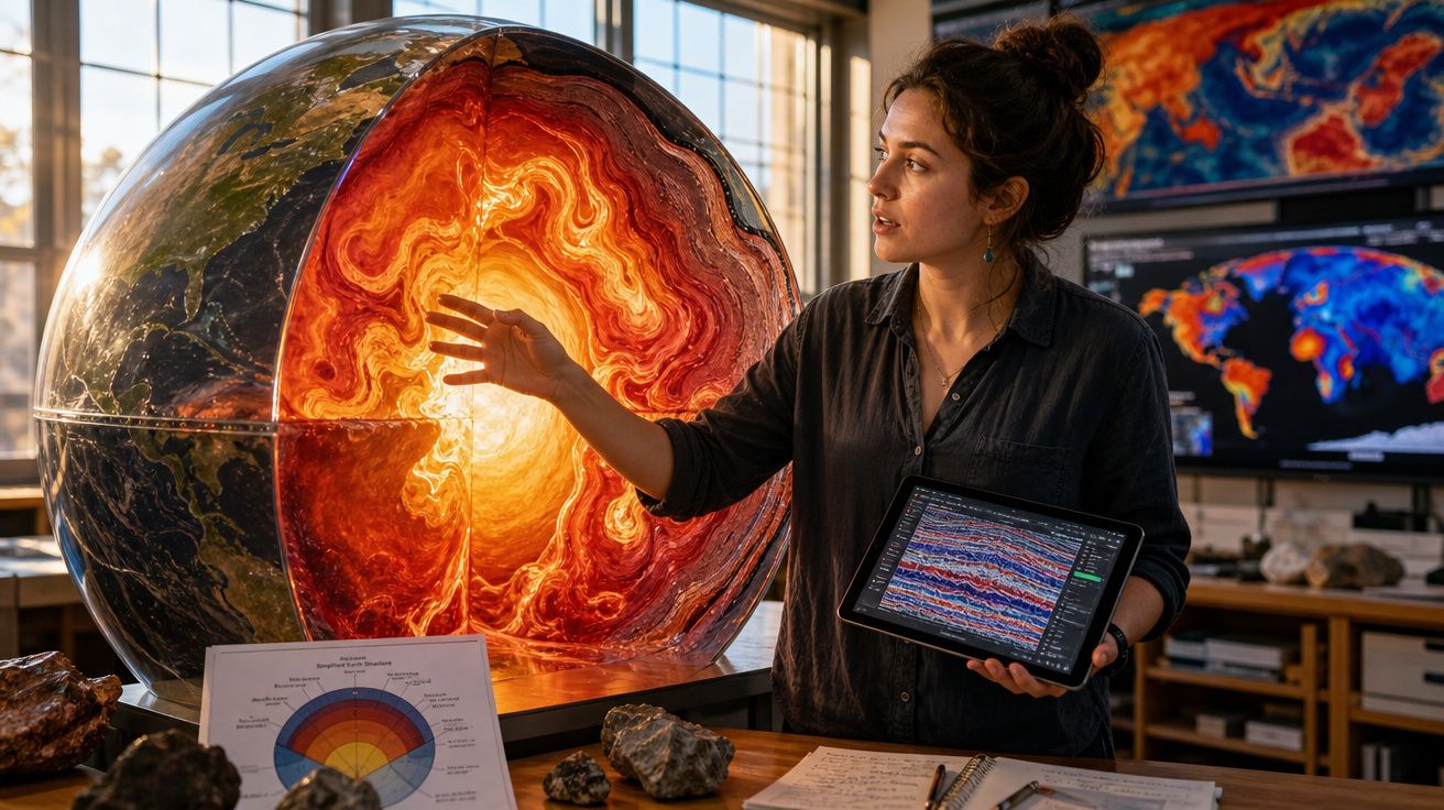 Mulher cientista explica modelo do interior da Terra com tablet e mapas geológicos num laboratório.