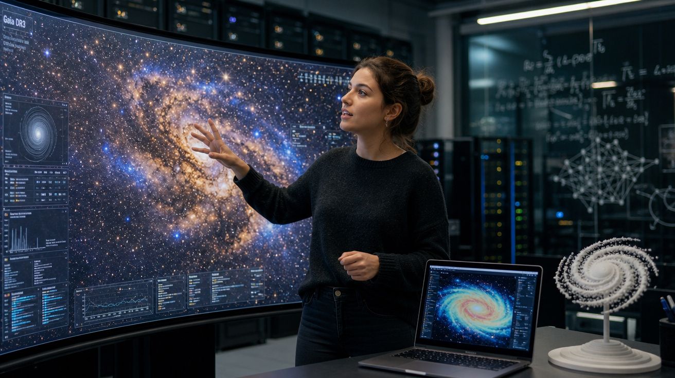 Mulher apresenta imagem da galáxia Andrómeda numa tela e num portátil, com modelo espiral ao lado num laboratório.