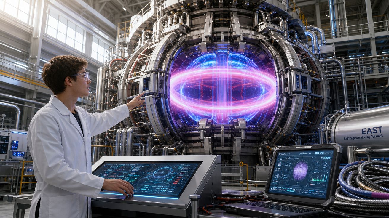 Cientista em laboratório controla reator experimental com plasma brilhante em anel no centro da instalação.