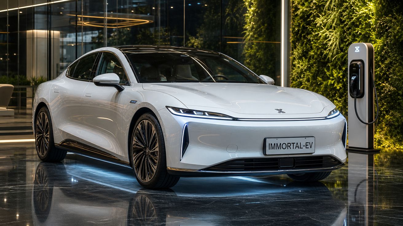Carro elétrico branco imortal-ev estacionado em interior moderno junto a posto de carregamento.