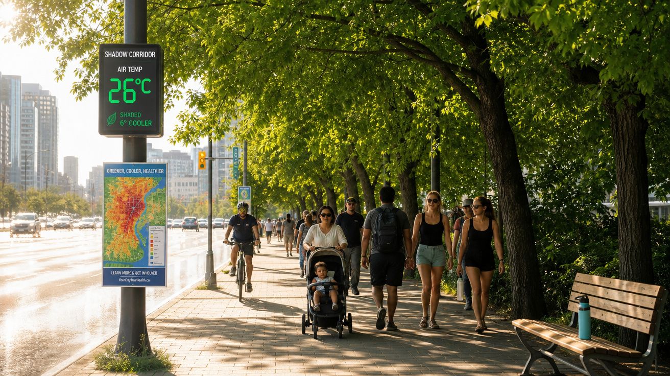 Calçada arborizada com pessoas a caminhar e placa digital indica 26°C e sombra 6°C mais fresca.