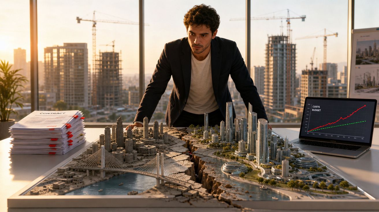 Homem de terno analisa maquete urbana detalhada sobre mesa com gráfico e pilha de contratos ao lado.
