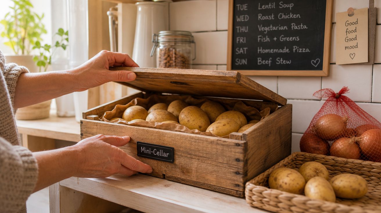 Mãos a abrir uma caixa de madeira com batatas numa cozinha iluminada e organizada.