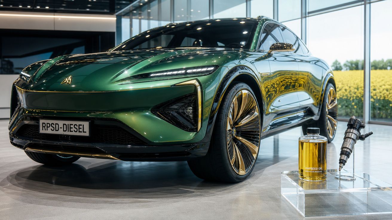 Carro elétrico verde metálico exposto em showroom moderno com óleo de colza e bico injetor ao lado.