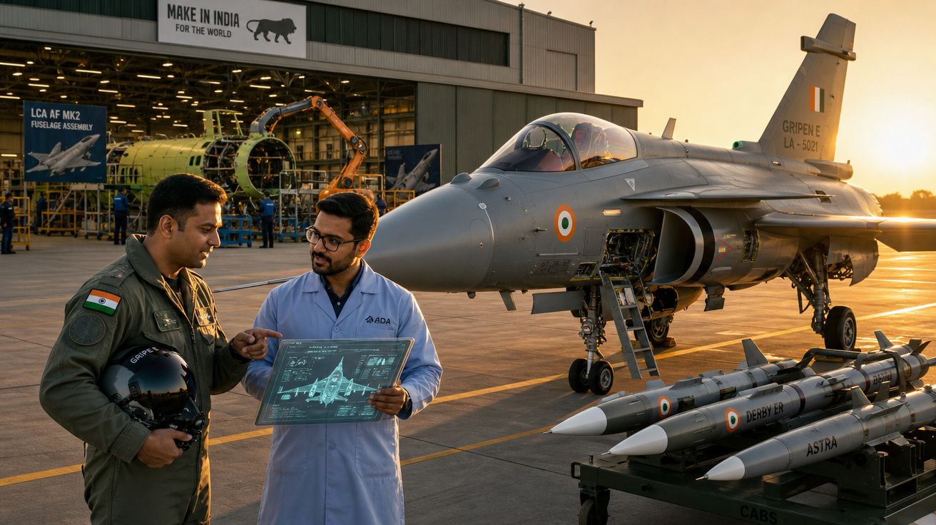 Dois homens, um piloto e um engenheiro, analisam esquema de caça Gripen E junto a mísseis na pista ao pôr do sol.