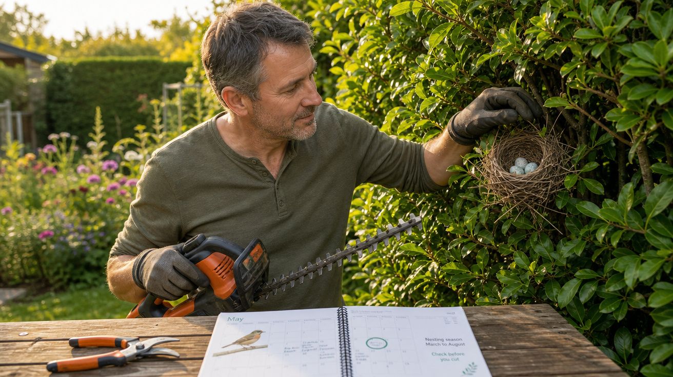 Homem a cortar sebe cuidadosamente para não danificar um ninho com ovos no jardim.