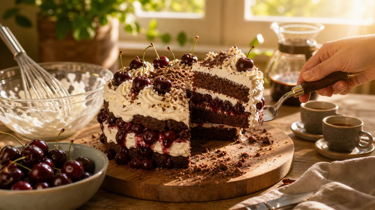 Bolo de chocolate com chantilly e cerejas, servido numa mesa com chávena de café e utensílios de cozinha.