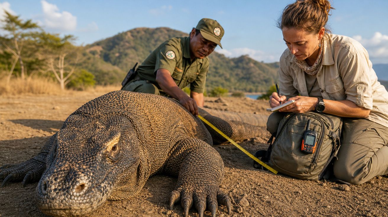 Biólogos medem e registam dados de um dragão-de-komodo no habitat natural.