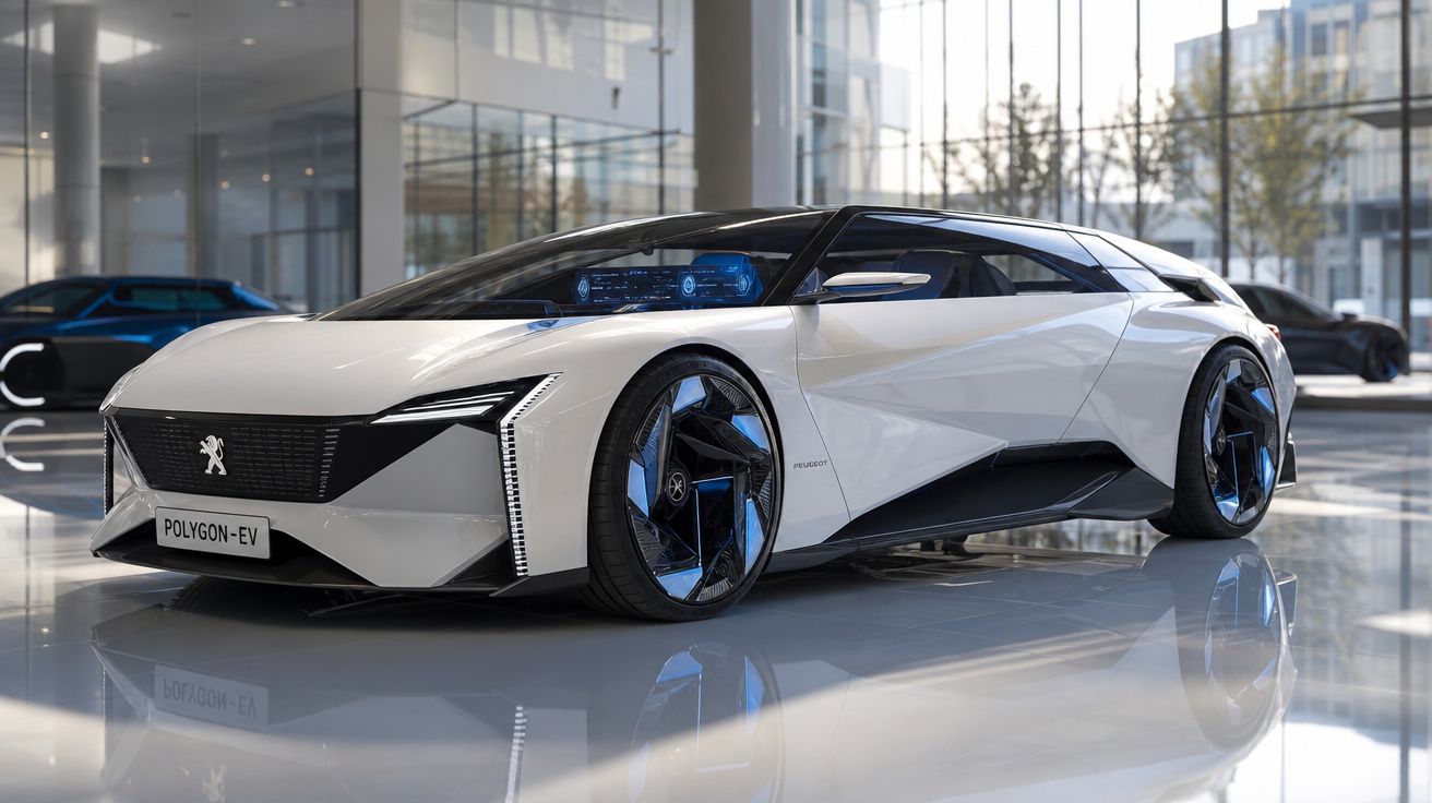 Carro elétrico concept Peugeot Polygon-EV branco com design futurista em exposição numa sala moderna.