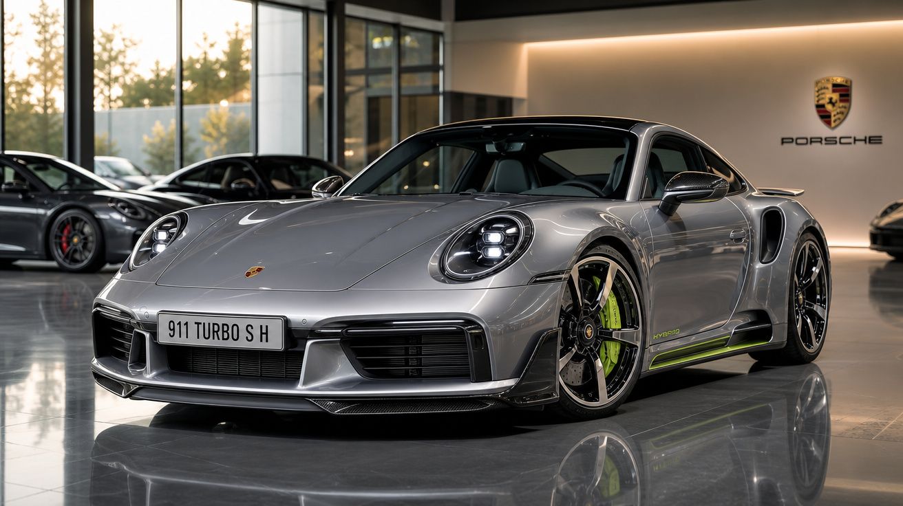 Carro desportivo Porsche 911 Turbo S H híbrido cinzento brilhante num showroom moderno.