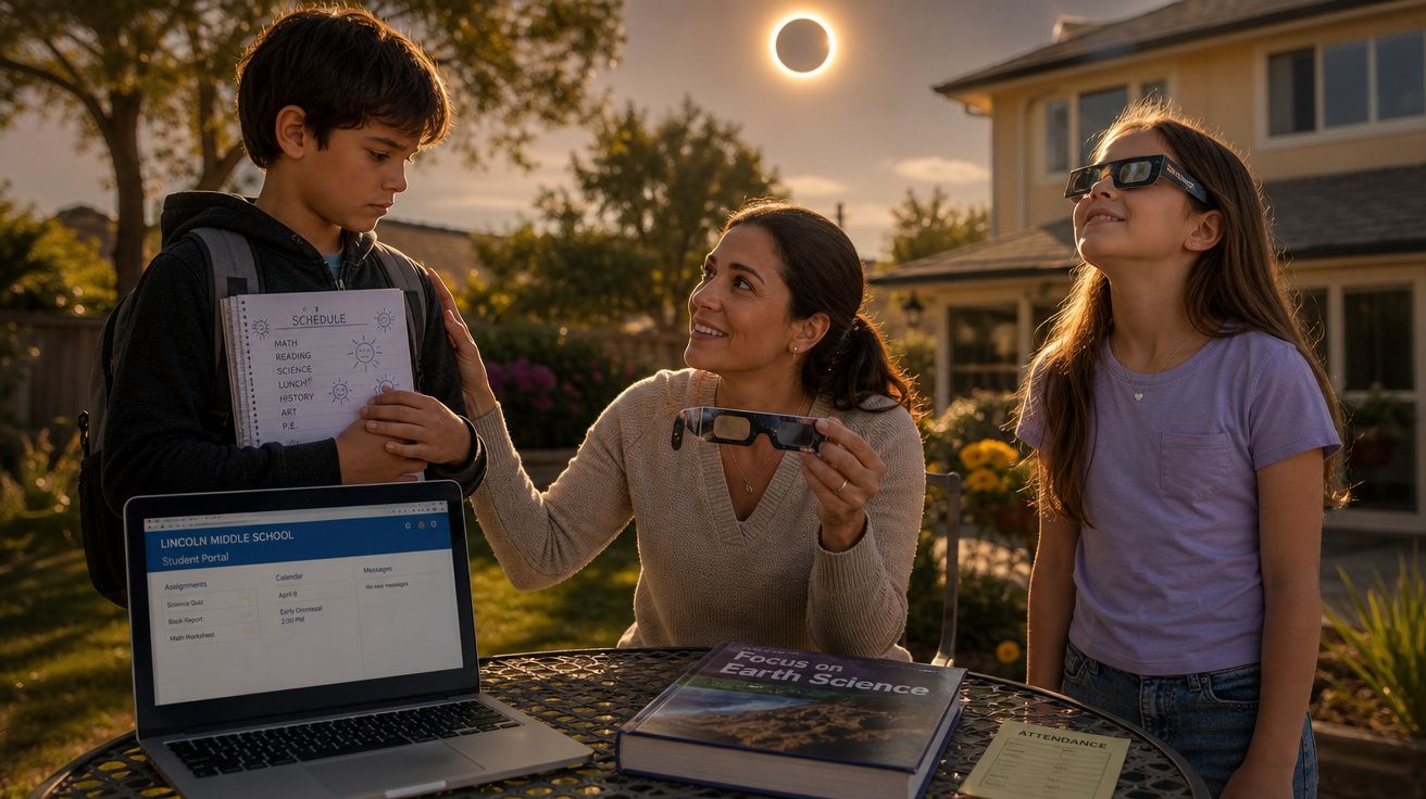 Mulher ajuda duas crianças a observar eclipse solar com óculos especiais, mesa com livro e laptop ao ar livre.