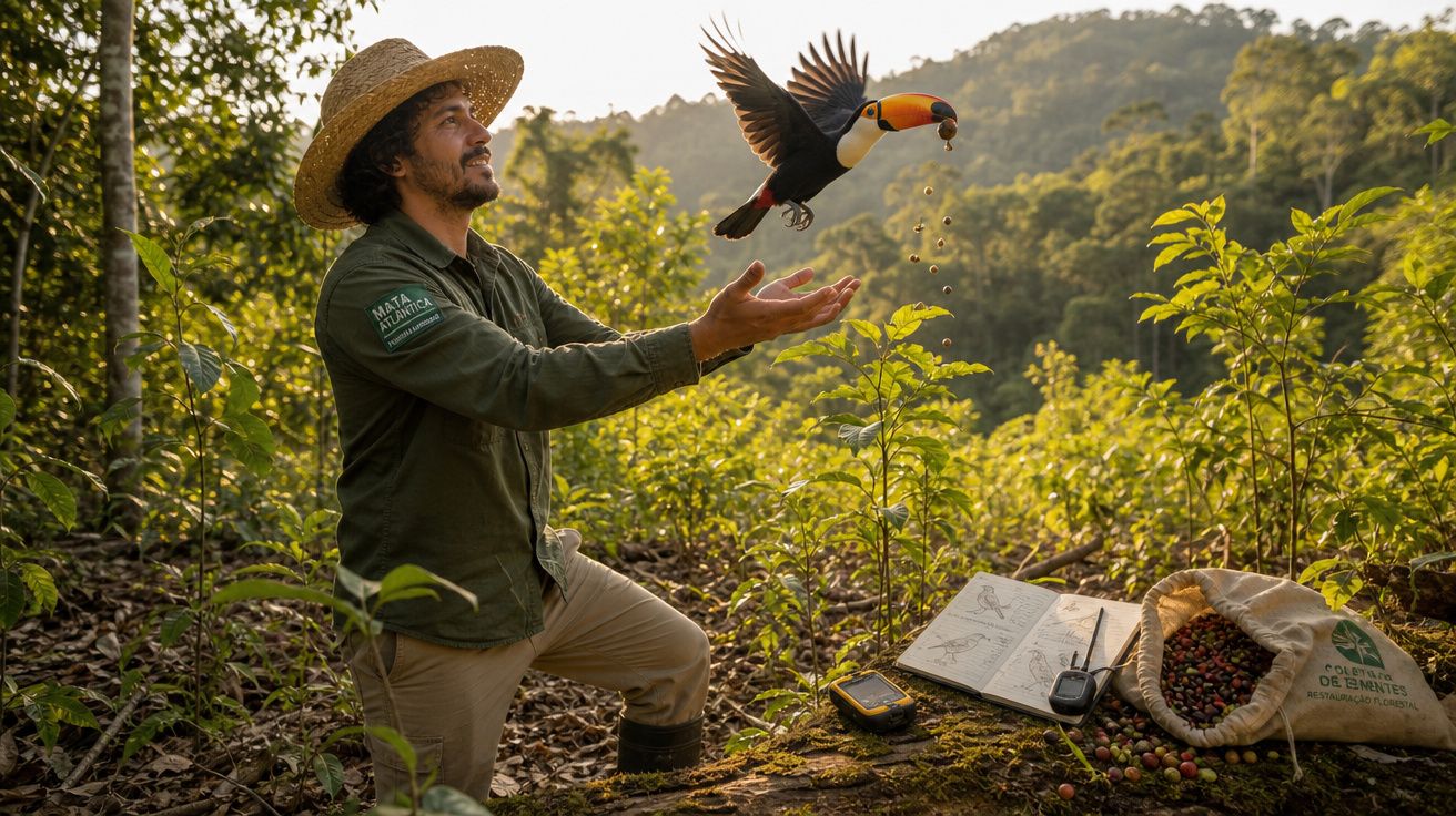 Homem com chapéu liberta tucano na floresta, junto a saco de sementes, caderno e rádio comunicador.