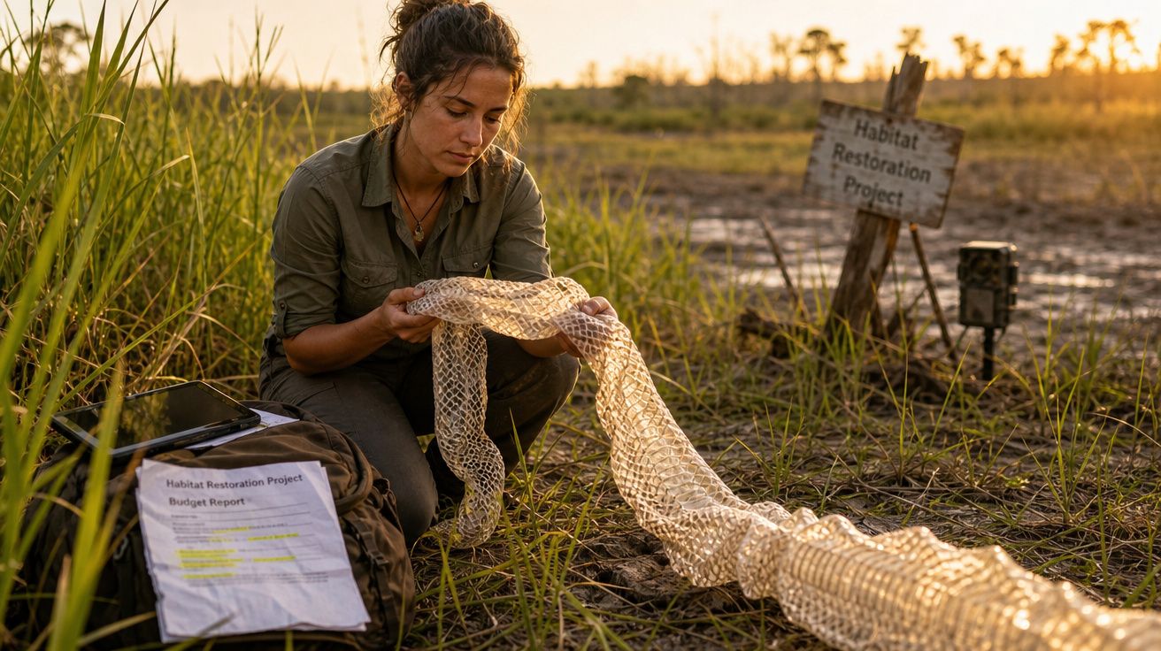Mulher examina pele de cobra em zona húmida ao pôr do sol, com sinais de projeto de restauração de habitat.