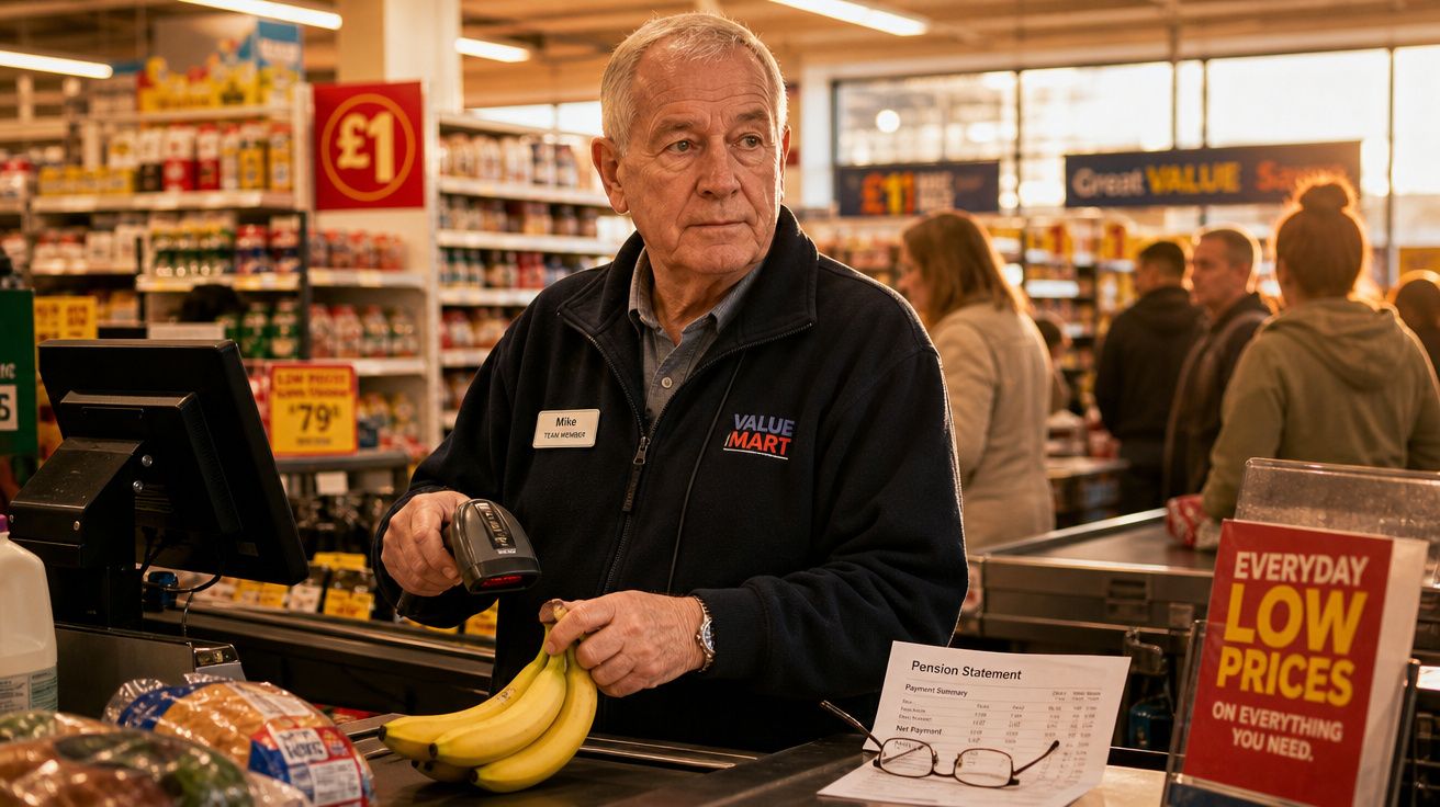Caixa de supermercado a passar bananas numa loja com clientes em fila e sinais de promoções à volta.