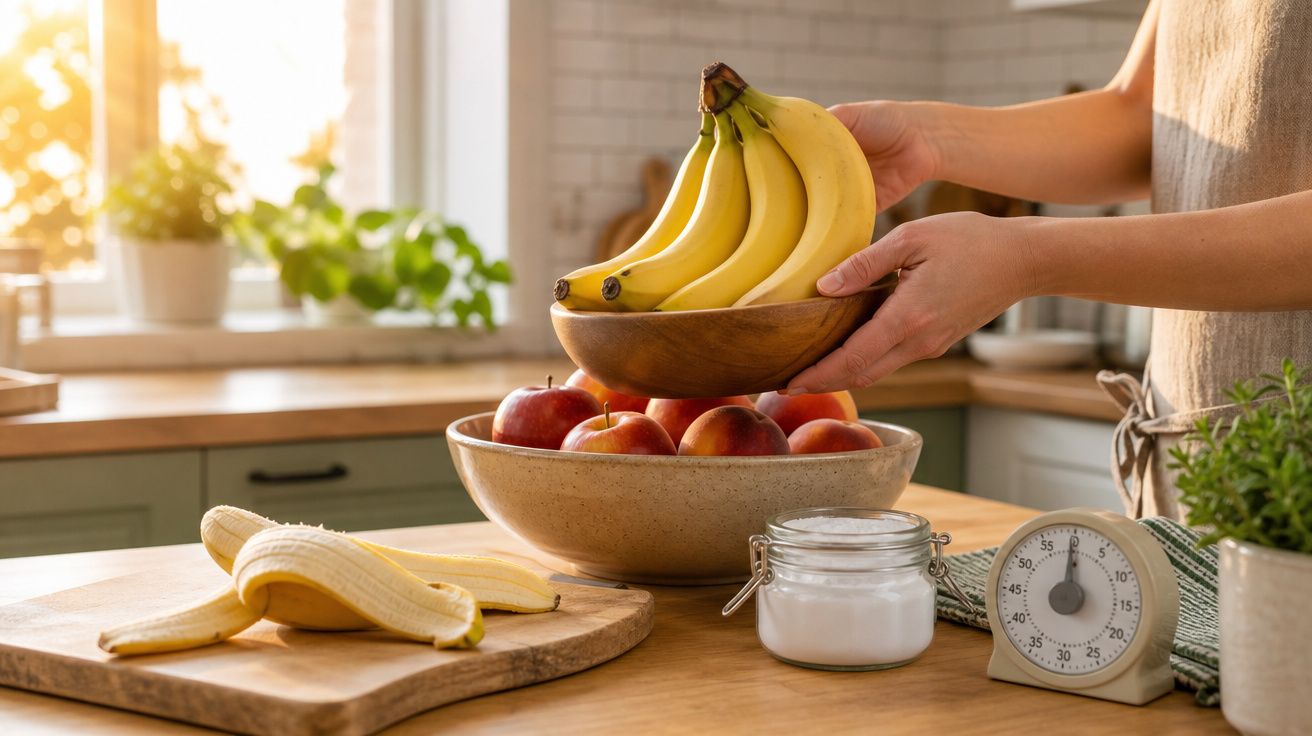 Mãos seguram tigela com bananas ao lado de maçãs, balança de cozinha e banana descascada numa cozinha iluminada.