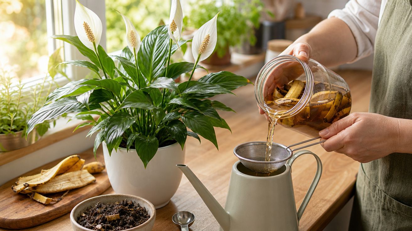 Pessoa a coar líquido de cascas de banana para rega numa regadora, planta Spathiphyllum com flores brancas.