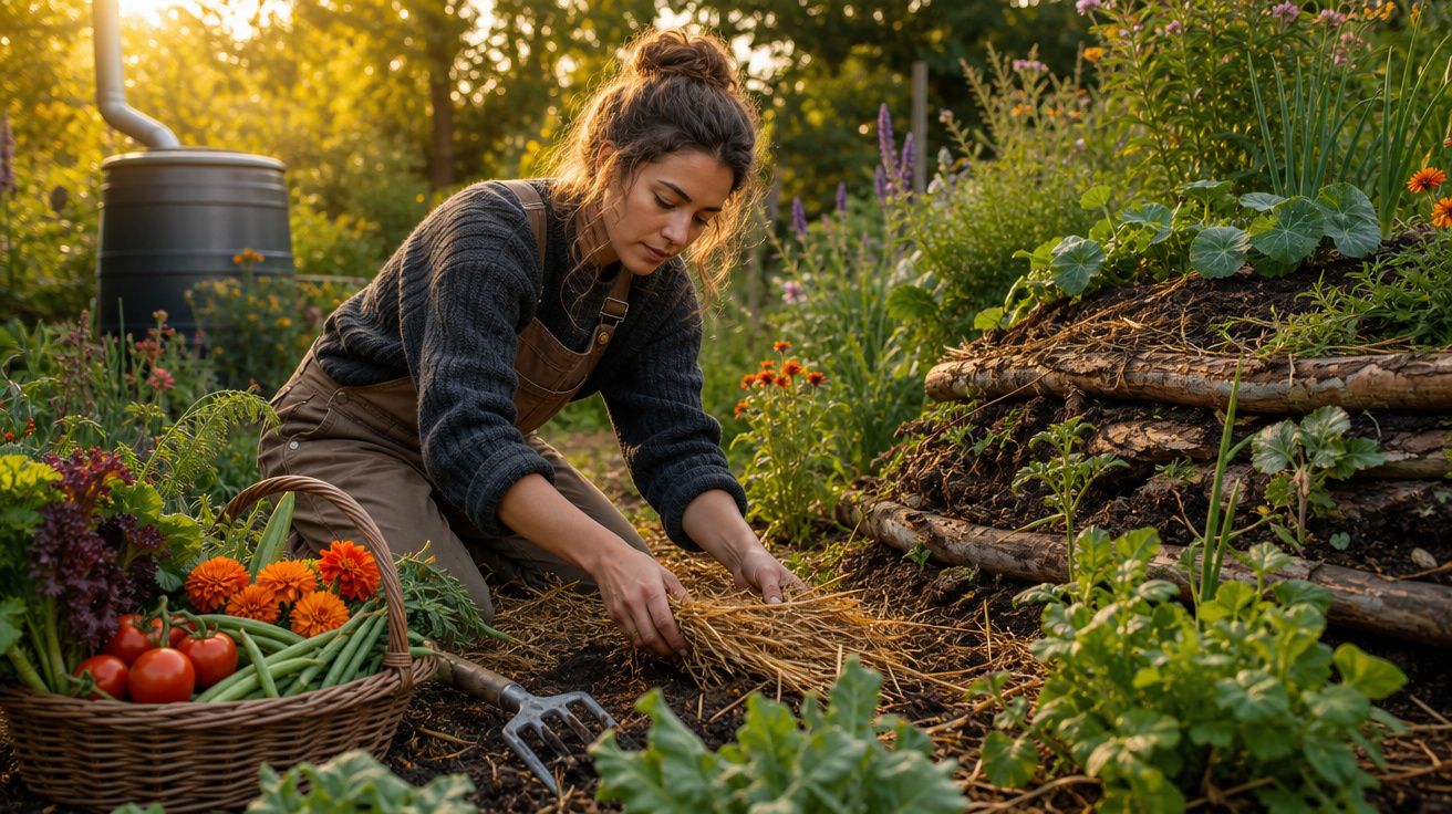 Mulher a cuidar de uma horta biológica ao pôr do sol, rodeada de legumes e flores coloridas.