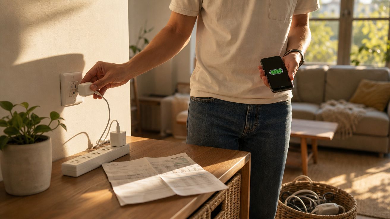 Pessoa a carregar telemóvel que indica bateria cheia, com conta de eletricidade numa mesa e cesta com cabos.