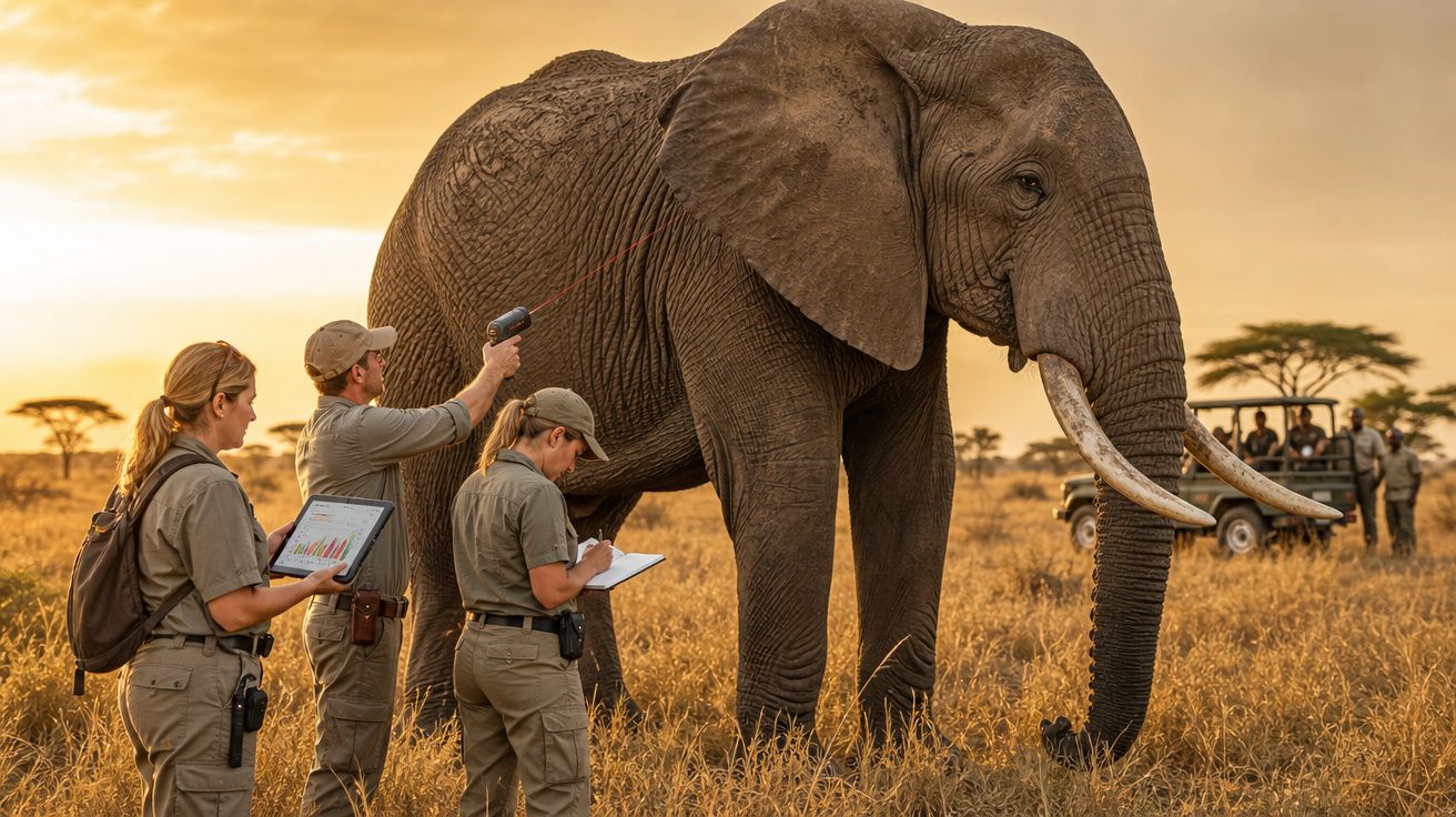 Equipa de conservação a medir elefante na savana ao entardecer com safari ao fundo.