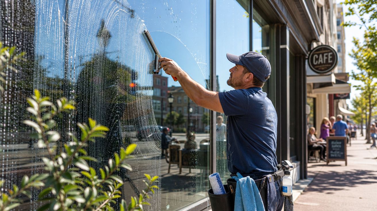 Homem a limpar uma grande janela exterior de vidro numa rua movimentada junto a um café.