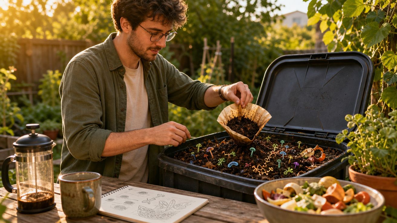 Homem a compostar resíduos numa caixa de compostagem no jardim ao entardecer.