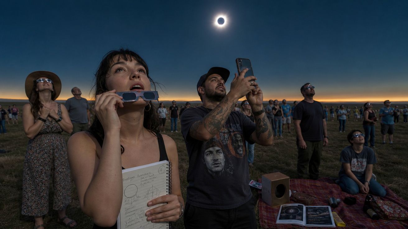 Pessoas em campo a observar um eclipse solar total, algumas com óculos especiais e outras a fotografar o fenómeno.