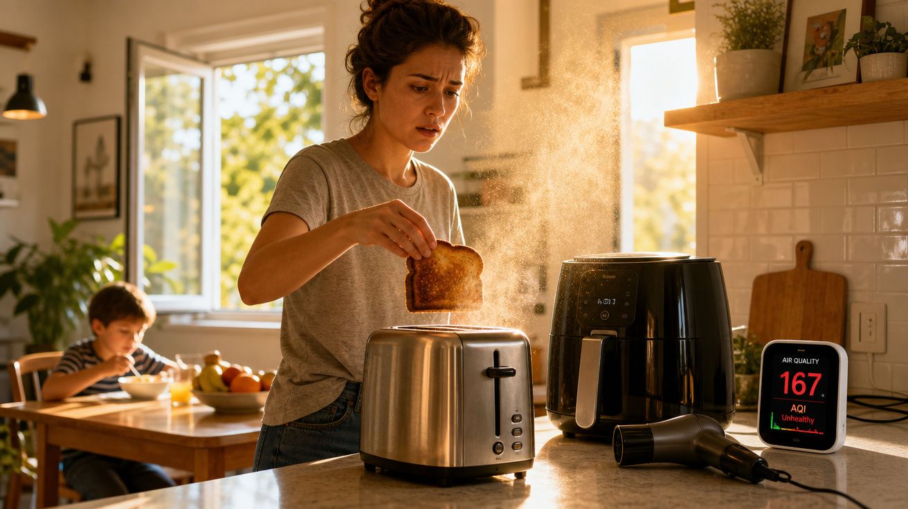 Mulher tira torrada queimada da torradeira na cozinha, com criança sentada na mesa ao fundo.