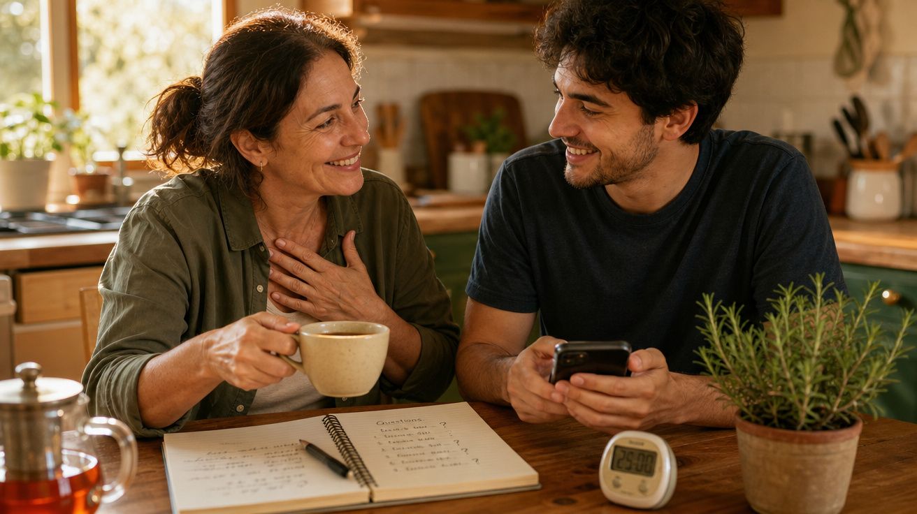 Mulher e homem sentados à mesa da cozinha, sorrindo e a conversar com caneca, telemóvel e caderno.