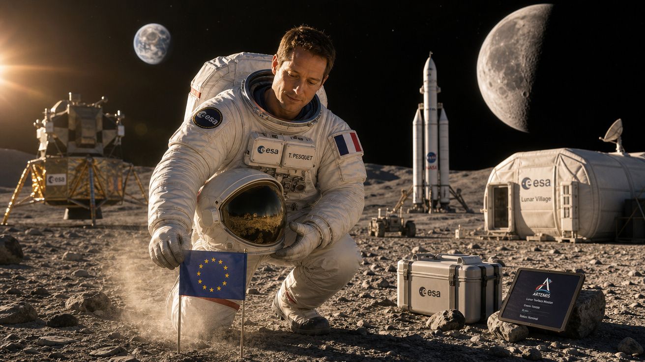 Astronauta da ESA coloca bandeira da União Europeia na superfície lunar com equipamento espacial à volta.