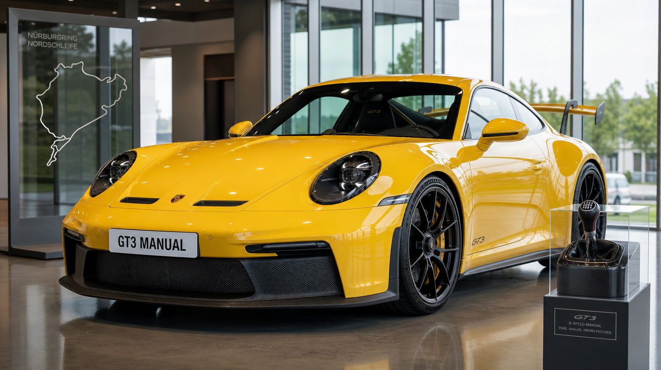 Carro desportivo amarelo Porsche GT3 Manual exposto num salão com janelas grandes.