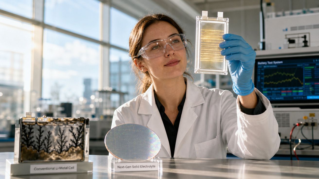 Cientista em laboratório examina célula eletroquímica transparente segurando frasco, ao lado de amostras de eletrólitos.