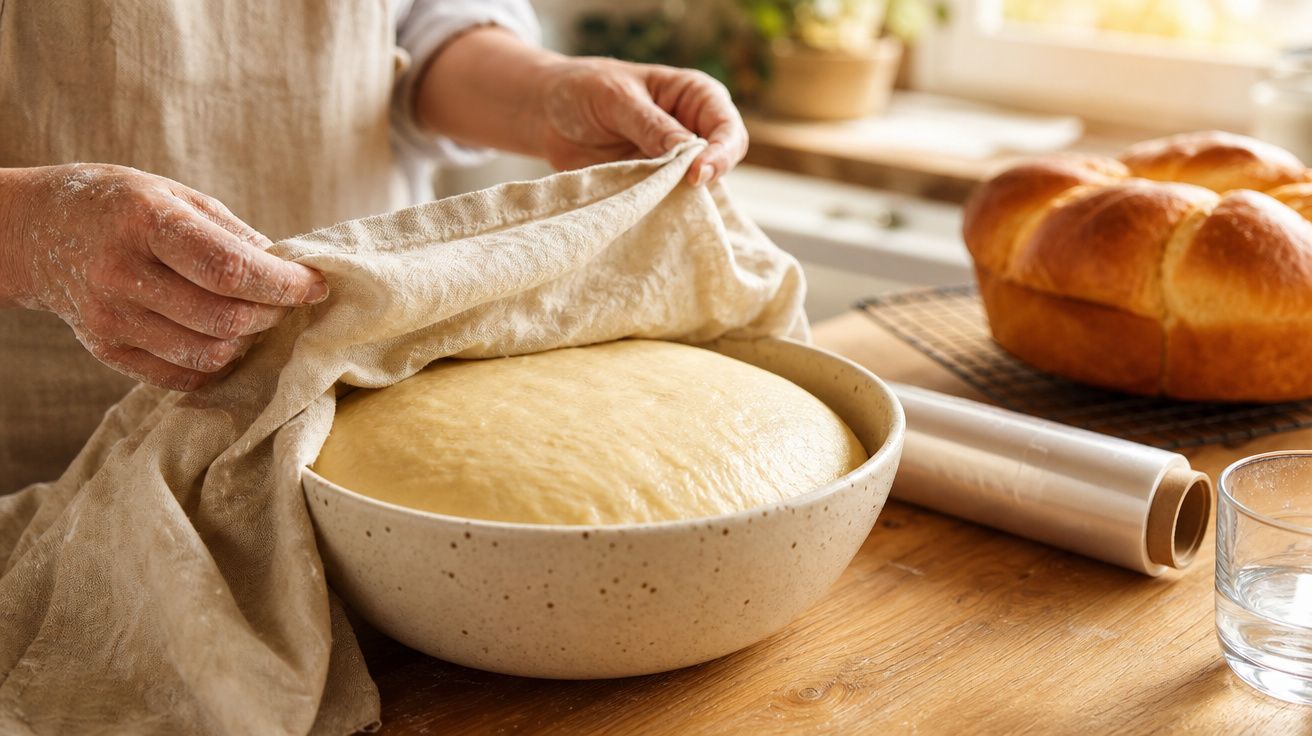 Mãos descobrem massa de pão levedada numa taça sobre bancada de madeira, com pão acabado de cozer ao fundo.