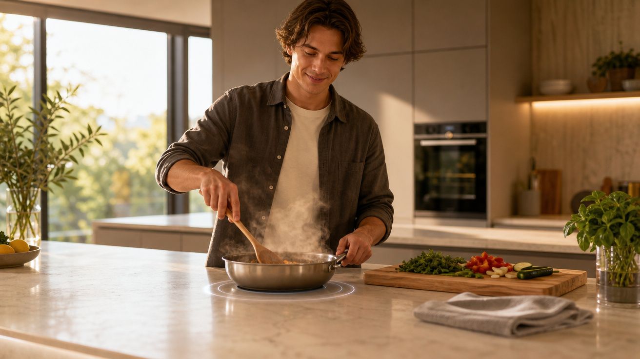 Jovem a cozinhar numa frigideira com legumes frescos numa bancada de cozinha moderna e iluminada.