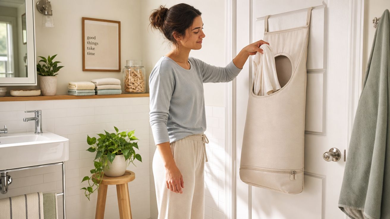 Mulher a colocar roupa num saco para roupa suja pendurado numa porta, numa casa de banho luminosa.
