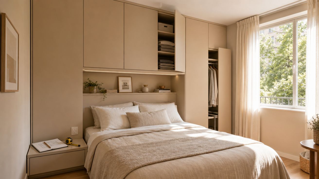 Quarto moderno com cama de casal, armários embutidos bege, janela iluminada e decoração minimalista.